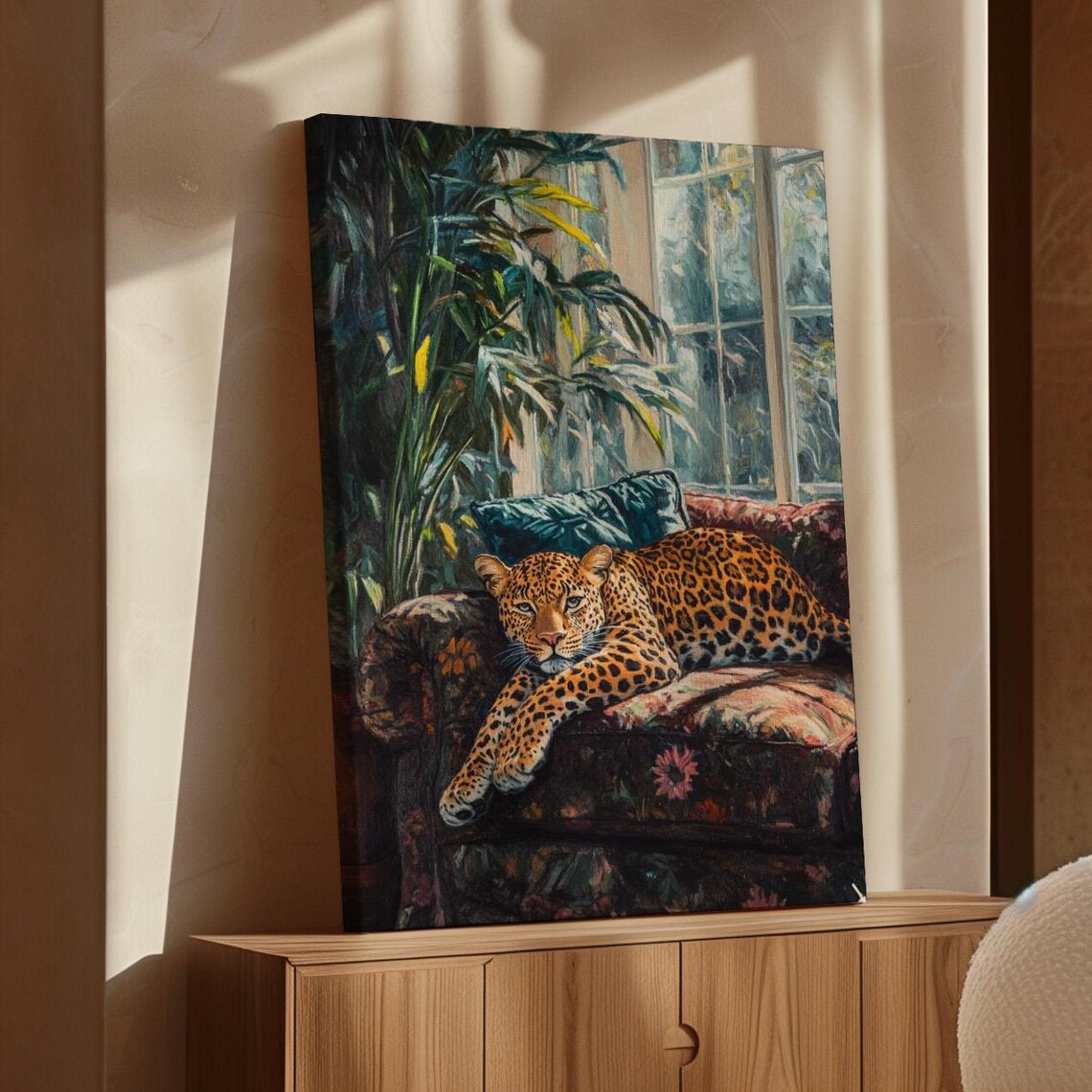 Elegant Leopard On Floral Couch, Boho Jungle Decor