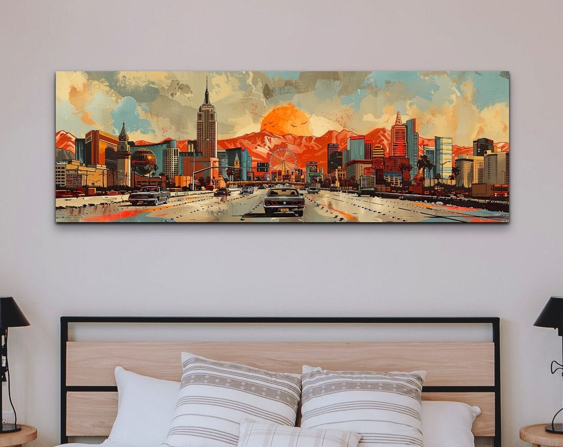 Retro City Boulevard Sunset with Ferris Wheel Panorama Wall Art