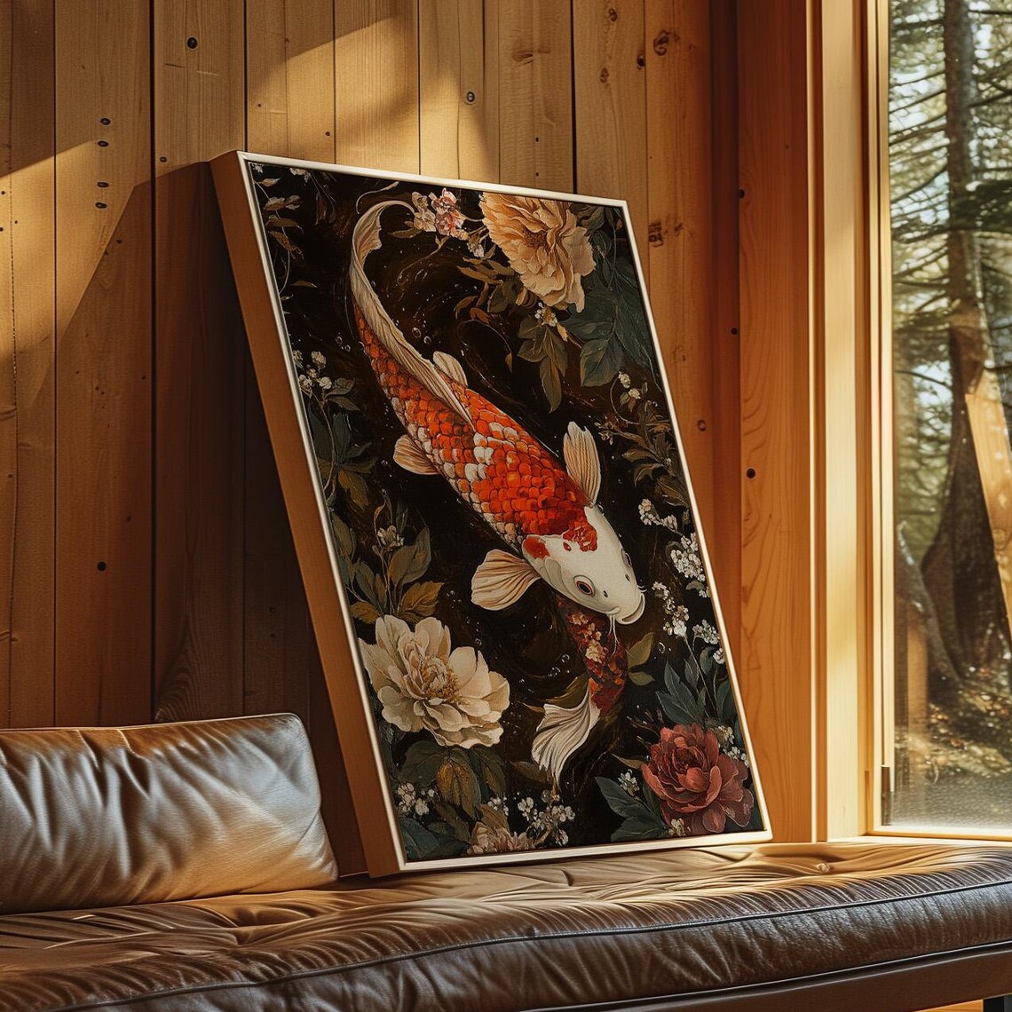 Elegant Koi Fish Red White Peonies Dark Floral Painting Poster