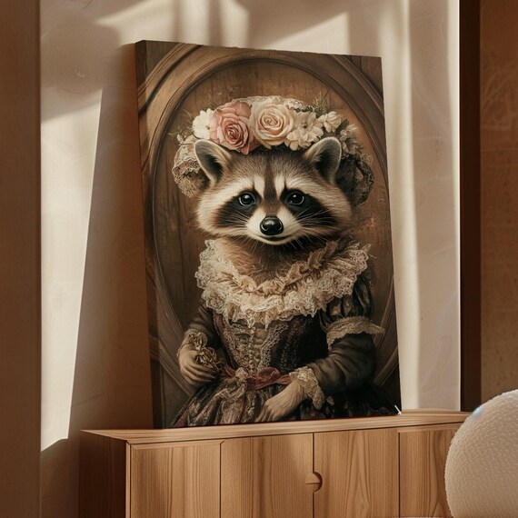 Raccoon Lady Rose Lace Bonnet Brocade Gown Victorian Woodland Art Poster
