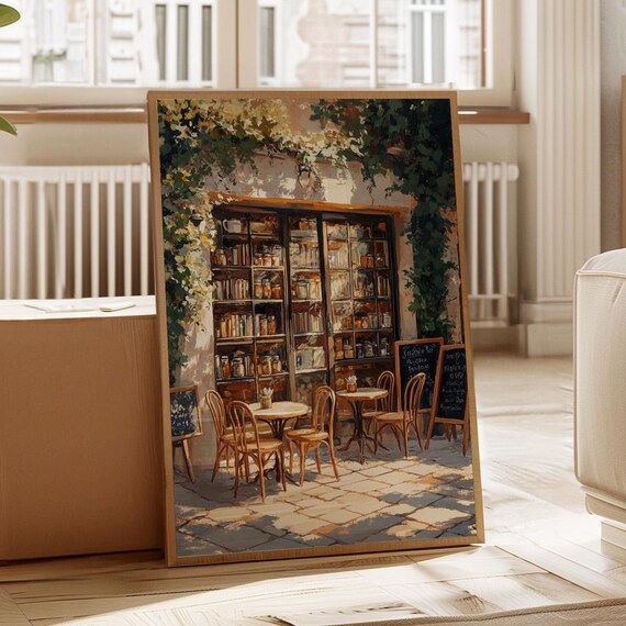 European Cafe Bookstore Wall Art Vintage Outdoor Bistro Scene With Bookshelves Rustic French Coffee Shop Print