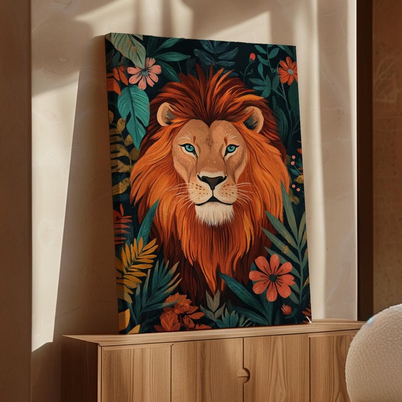 Bold Lion Portrait Vibrant Jungle Themed Wall Art With Blue Eyes And Lush Floral Details Majestic Animal Decor For Any Space