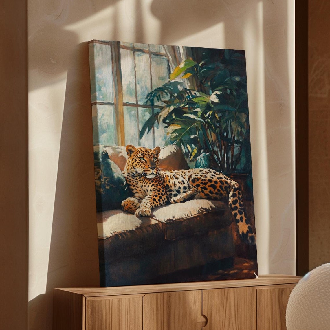 Relaxed Leopard Lounging on a Sunlit Sofa Beside Palm Plants Poster - Image 7