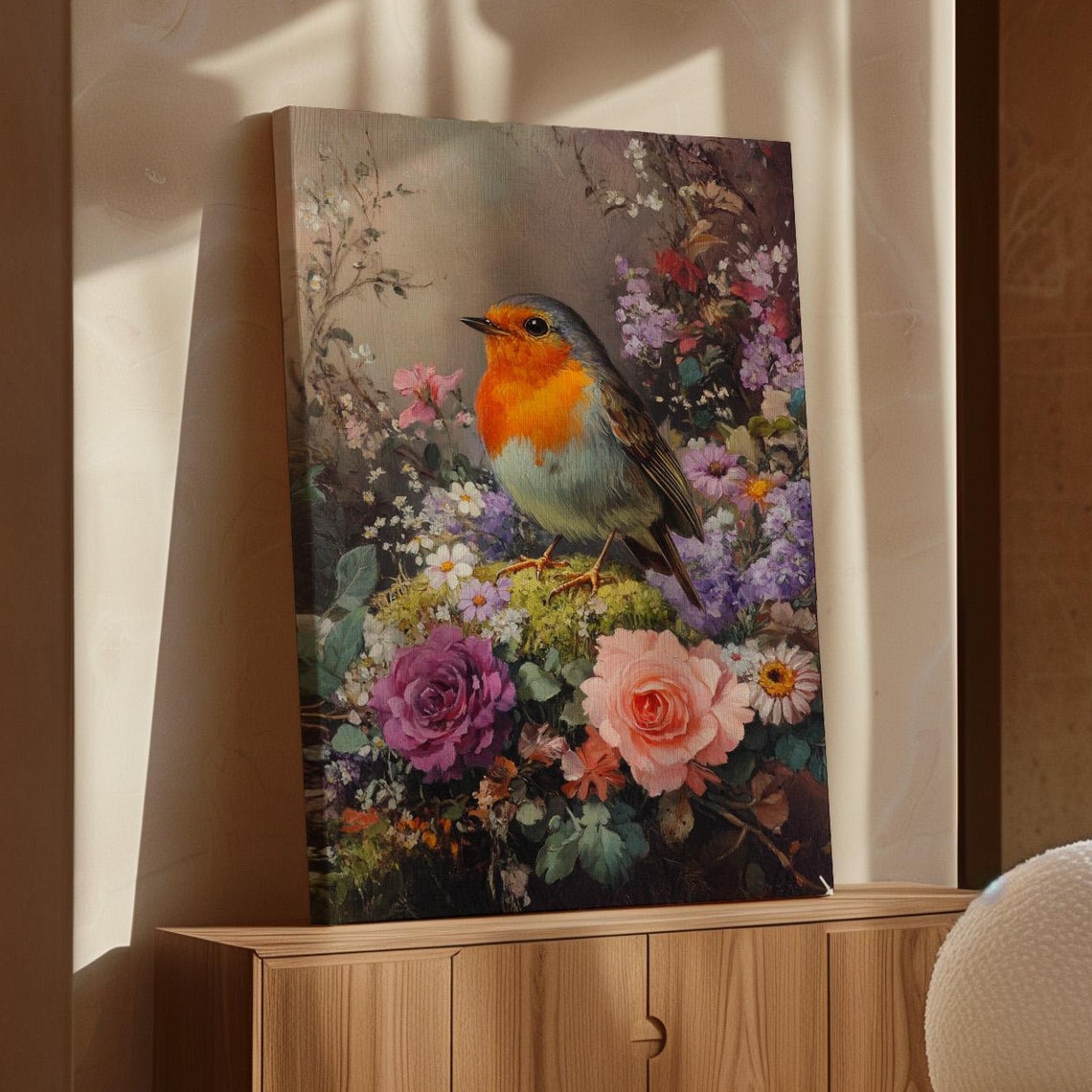 Orange Breasted Robin Mossy Stump Blooming Rose Garden Poster