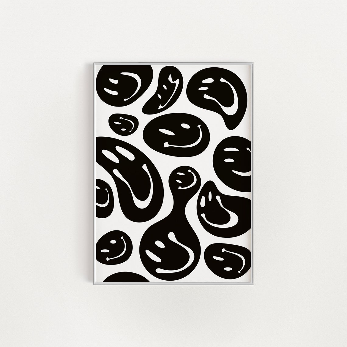 Melted Smiley Faces Black White Monochrome Retro Groovy Pattern Poster