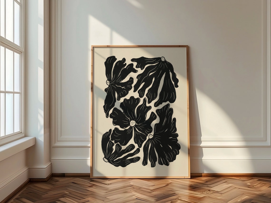 Black Abstract Flowers Bold Botanical Neutral Modern Wall Poster