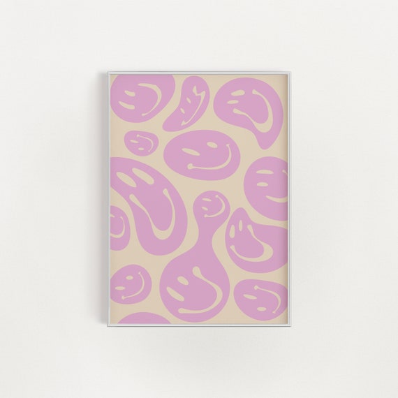 Melted Smiley Print Smiley Face Poster Pink And Beige Print Smiley Smiley Face Postewall Art Retro