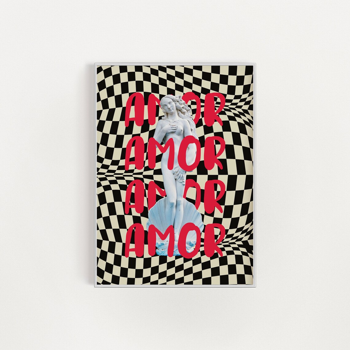 Amor Typography Venus Statue Checkered Black White Retro Wall Poster