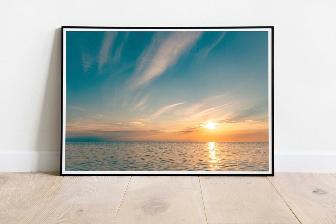 Sun Reflection on Calm Ocean Golden Hour Seascape Photo Poster