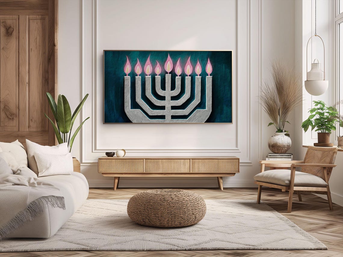 Hanukkah Menorah Nine Lit Candles Teal Background Holiday Poster - Image 3
