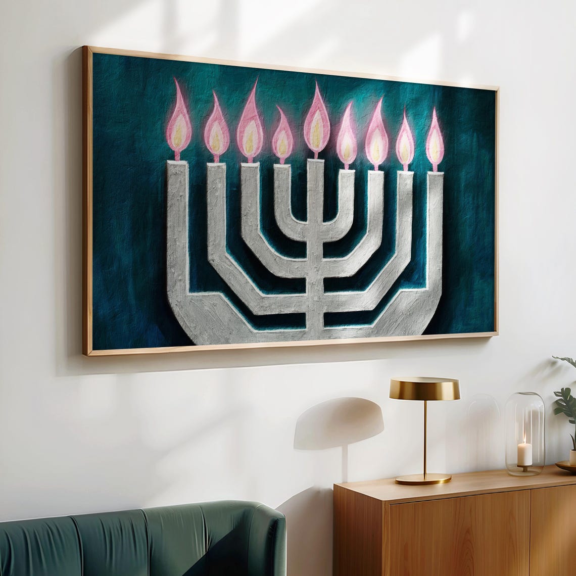 Hanukkah Menorah Nine Lit Candles Teal Background Holiday Poster - Image 4