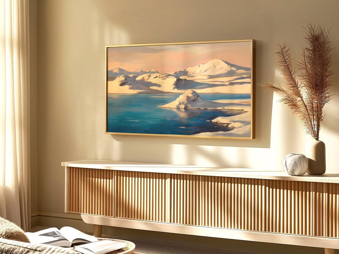Serene Snowy Mountain Lake Pastel Winter Landscape Farmhouse Wall Art - Image 3
