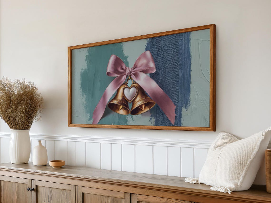 Golden Christmas Bells Pink Satin Bow Teal Background Holiday Poster - Image 3