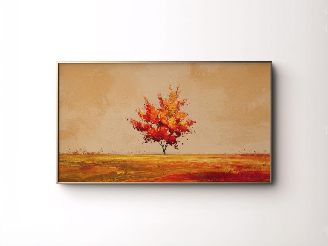 Lone Red Autumn Tree Golden Field Minimalist Fall Landscape Art Poster