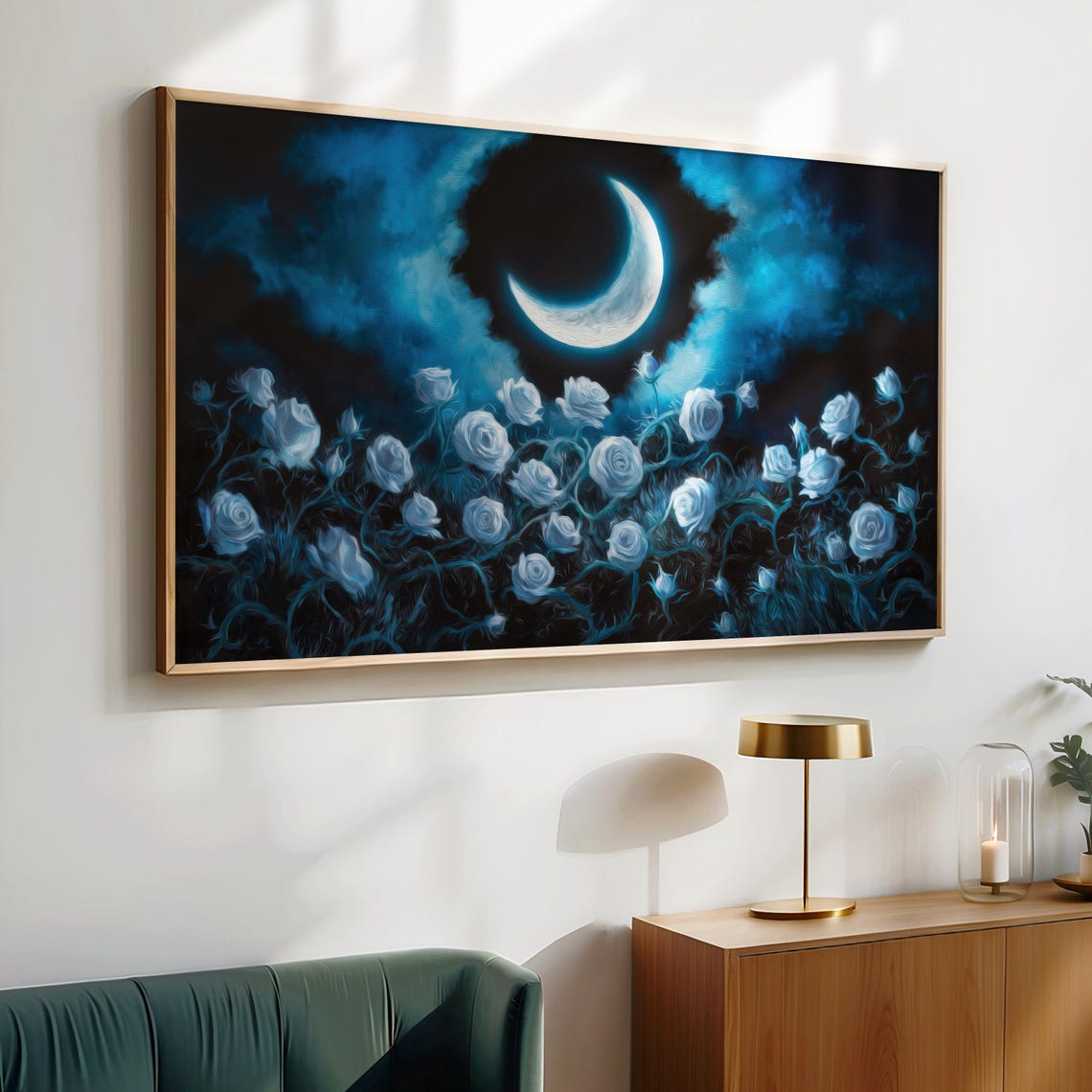 White Roses Crescent Moon Dark Blue Night Gothic Floral Art Poster