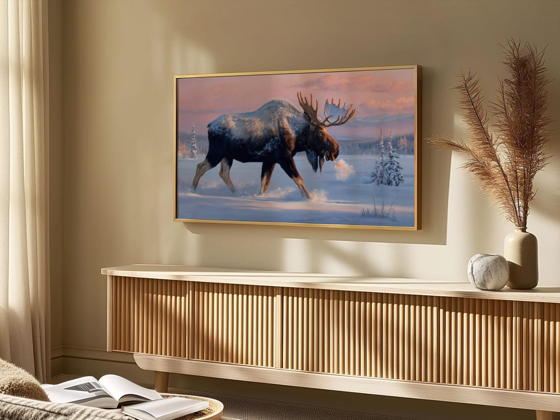 Bull Moose Walking Snowy Forest Dusk Pink Sky Wildlife Poster - Image 3