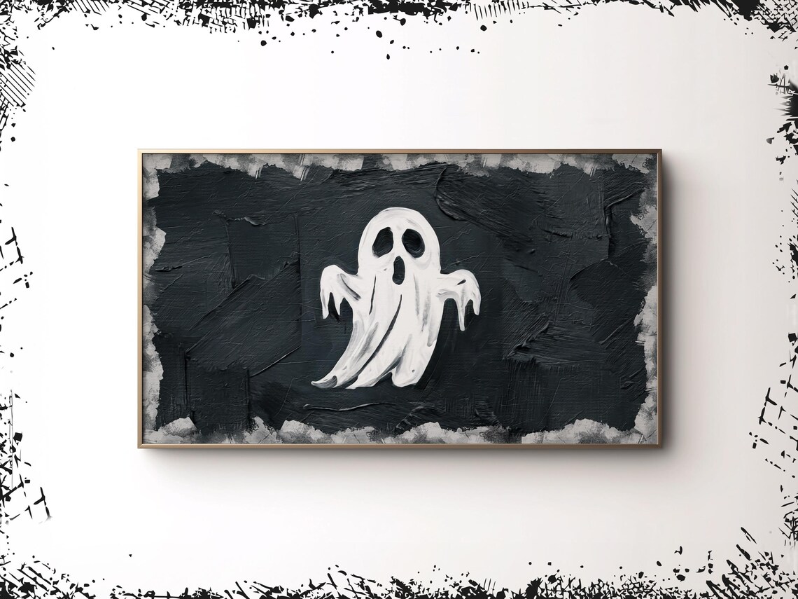 Cute White Ghost Textured Black Background Minimalist Halloween Art Poster