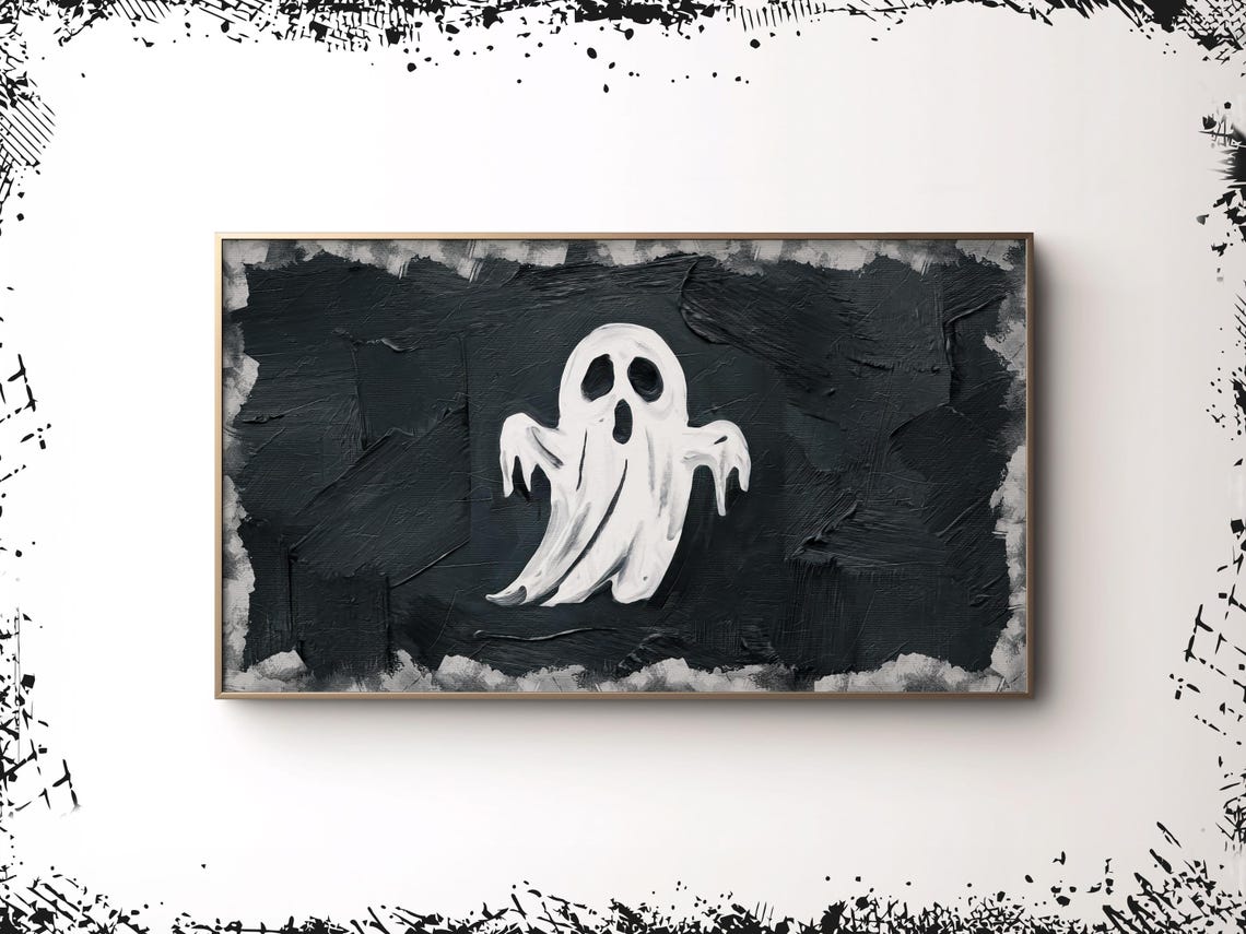 Halloween Frame Tv Art Ghost Black White Textured Moody Fall Tv Minimalist Neutral Halloween Decor Cute Spooky Smart Tv Screen 4k