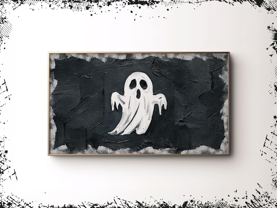 Cute White Ghost Textured Black Background Minimalist Halloween Art Poster