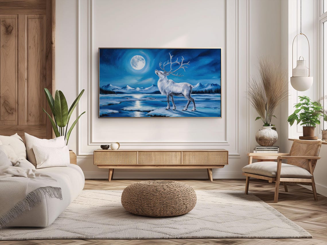 Frame Tv Art Christmas Nordic Winter Landscape Tv Whimsical Reindeer Tv Picture Rustic Blue Xmas Tv Art Festive Holiday Tv Decor - Image 4