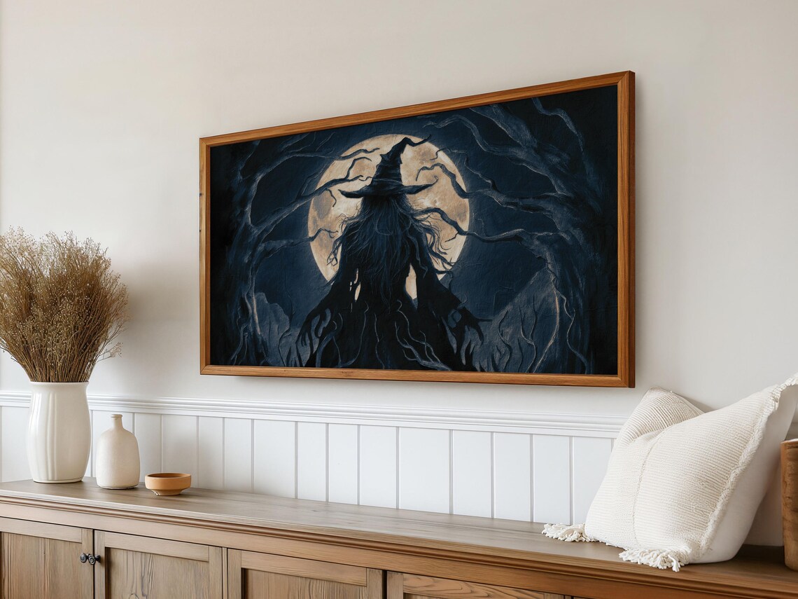 Witch Silhouette Full Moon Twisted Trees Dark Muted Halloween Art Poster - Image 4