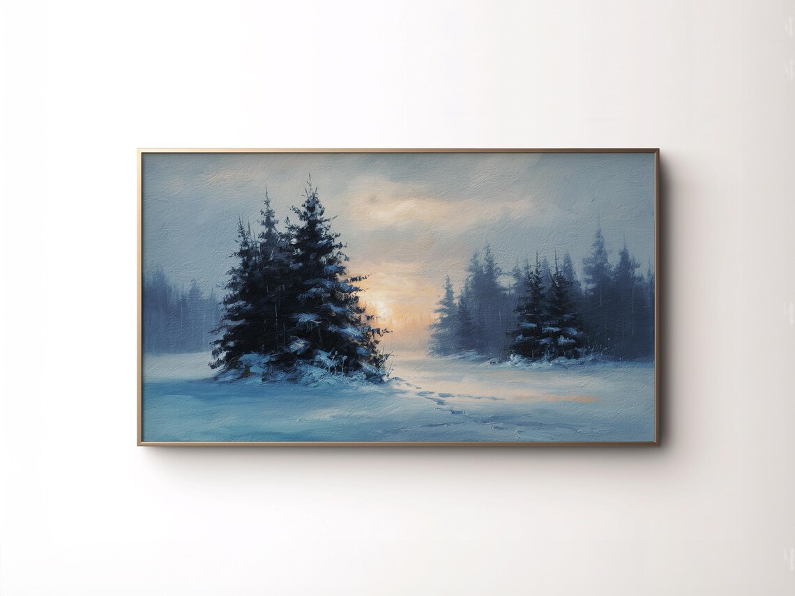 Snowy Pine Forest Twilight Blue Tones Minimalist Winter Poster - Image 2