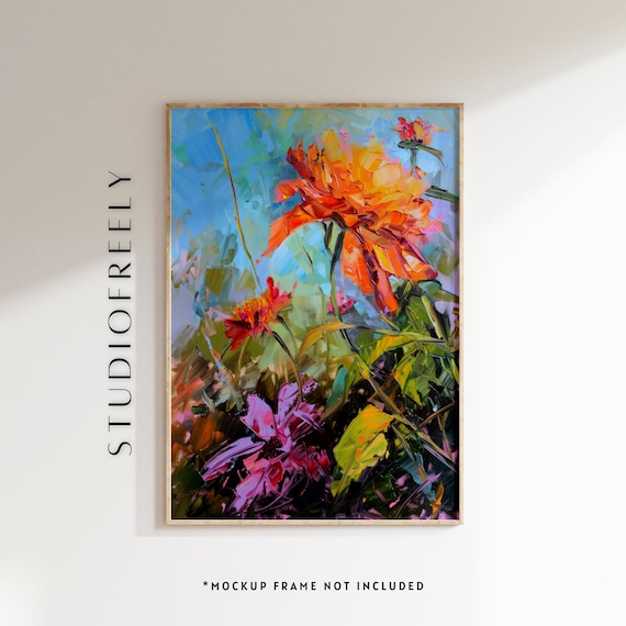 Vibrant Zinnia Blossoms Impressionist Garden Floral Oil Art Print