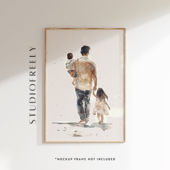 Father And Children Watercolor Portrait Minimalist Fathers Day Art