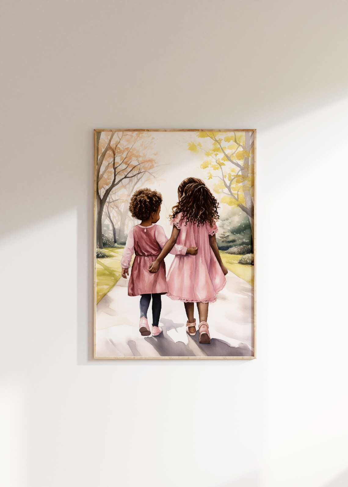 Sisters in Pink Dresses Watercolor Walking Path Girls Art Poster