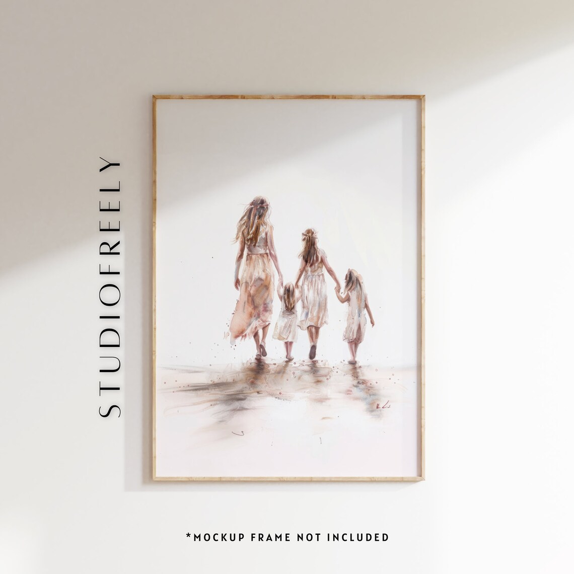 Watercolor Sisters Walking Along Beach Pastel Family Art Poster