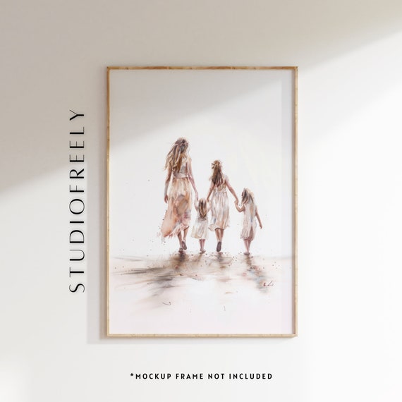 Watercolor Sisters Portrait Beige Pastel Art Print File