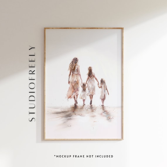 Watercolor Sisters Walking Along Beach Pastel Family Art Poster