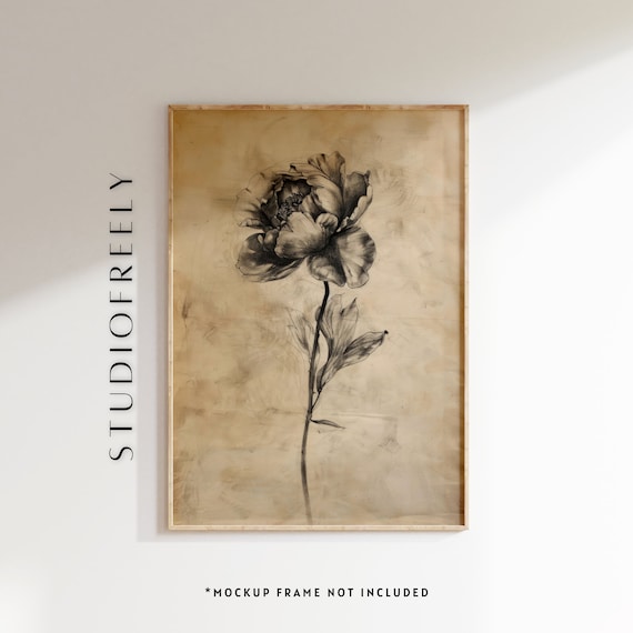 Vintage Botanical Peony Wall Art Black And White Floral Illustration Minimalist Flower Print