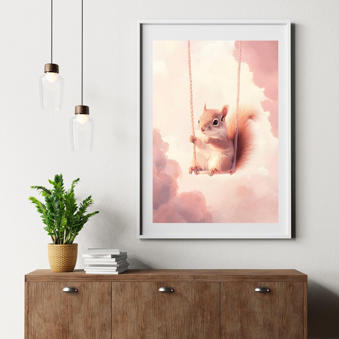 Cute Fluffy Squirrel Sitting on a Rope Swing Floating in Pink Clouds Poster - Image 6