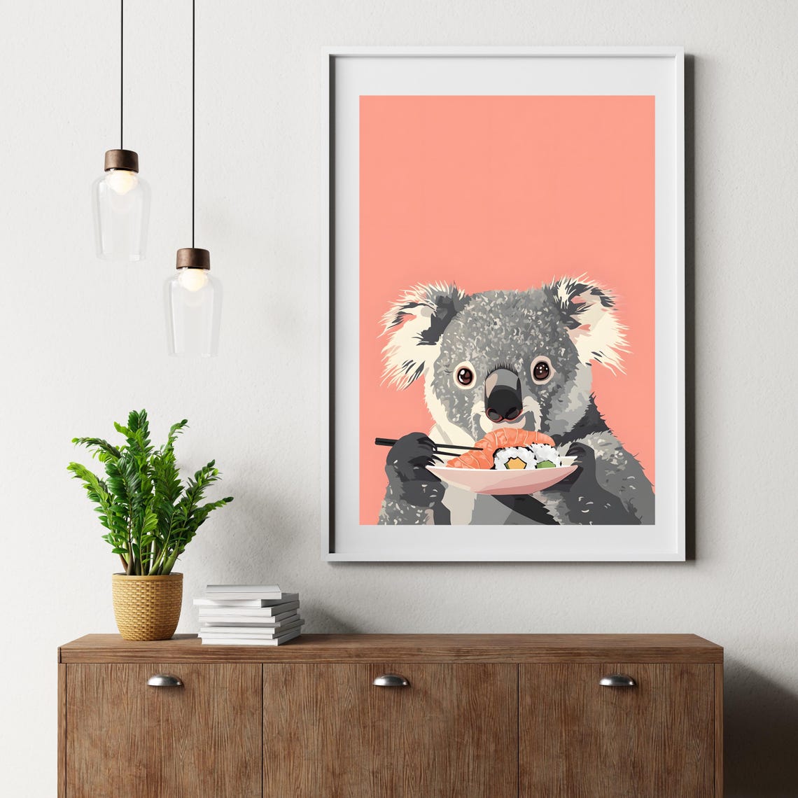 Cute Koala Eating Sushi with Chopsticks on a Coral Background Poster - Image 6