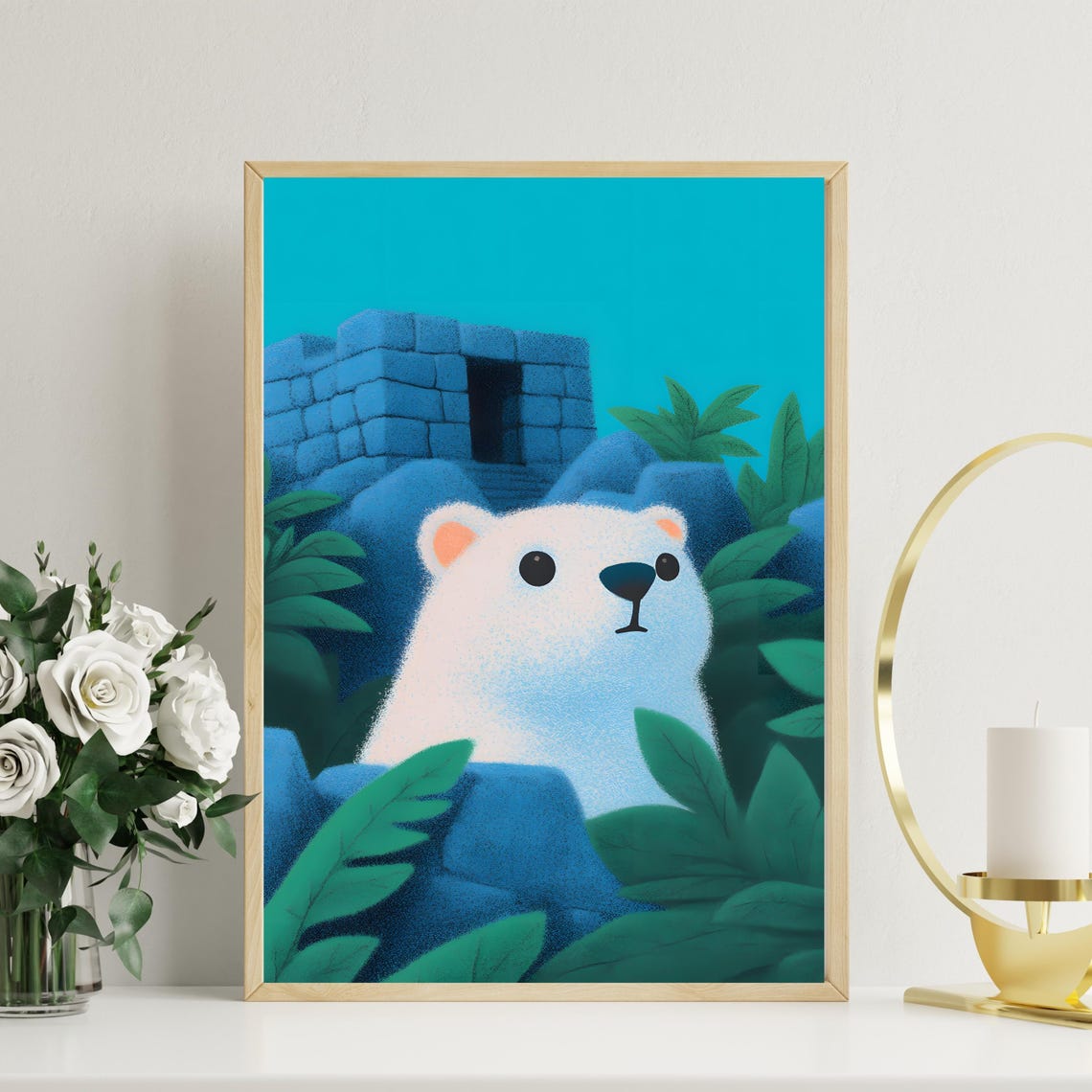 Curious White Polar Bear Peeking Through Jungle Leaves Art Poster