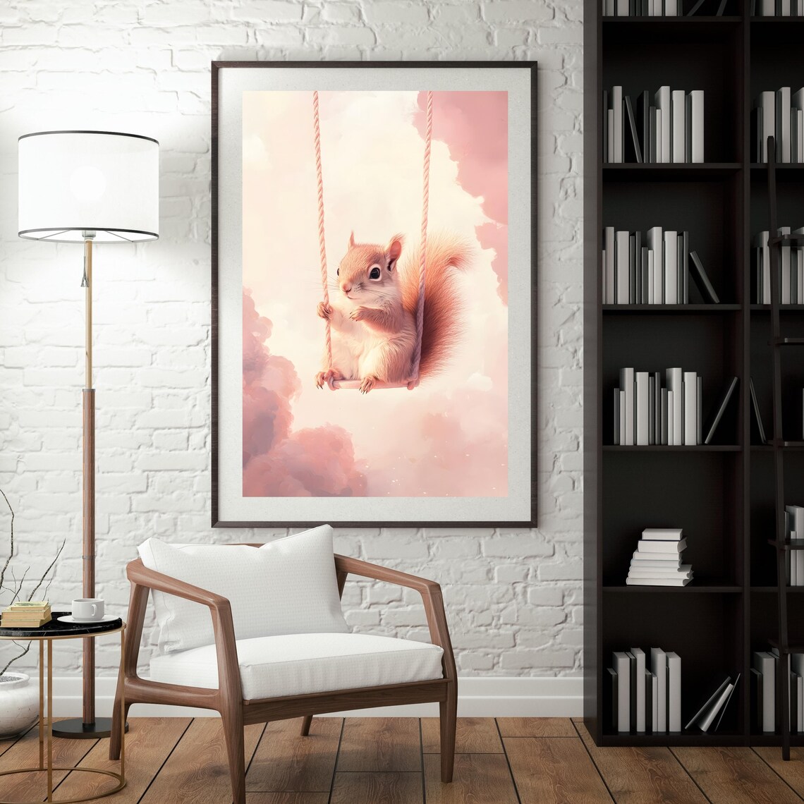 Cute Fluffy Squirrel Sitting on a Rope Swing Floating in Pink Clouds Poster - Image 4