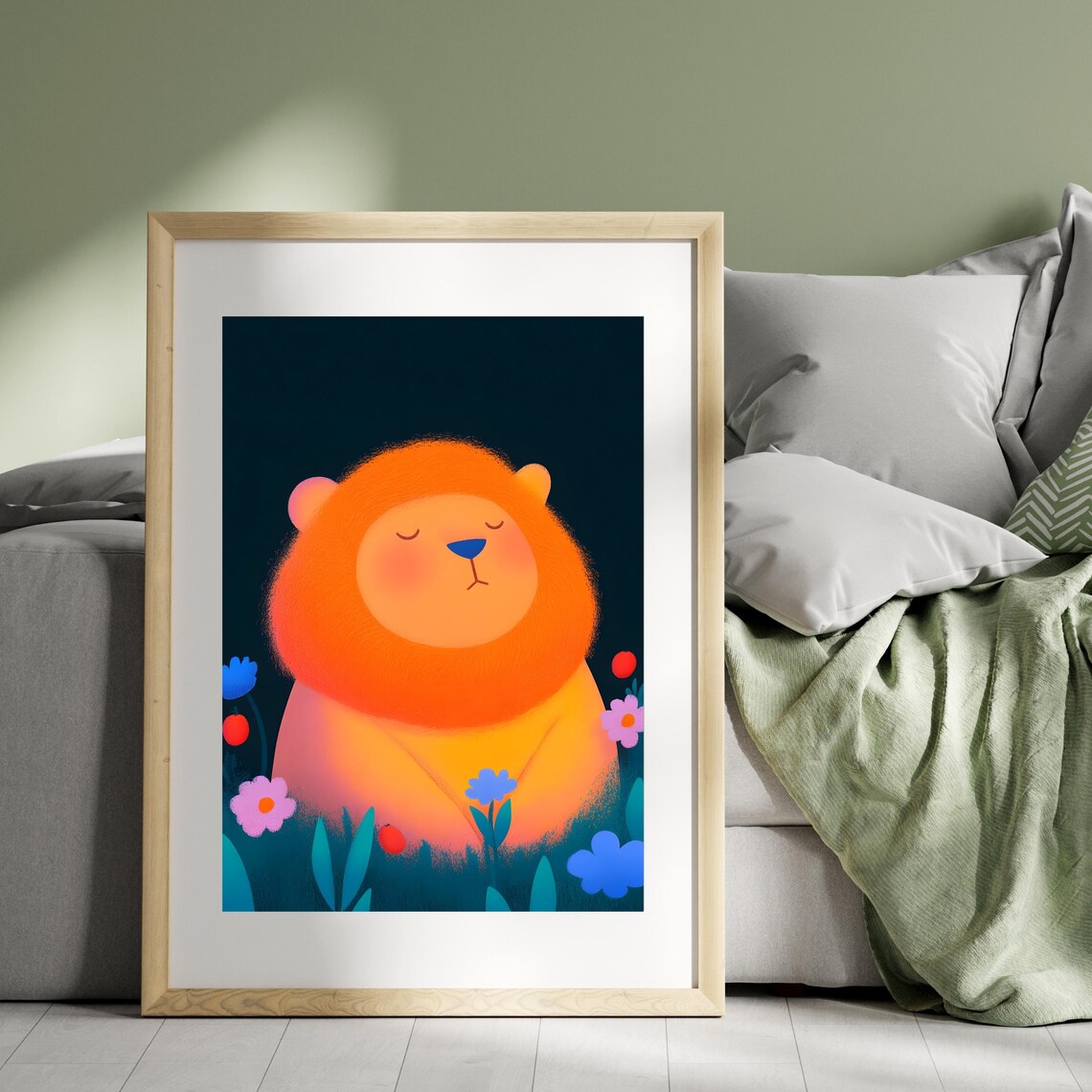 Sleeping Orange Lion Resting Among Flowers on Dark Teal Poster - Image 3