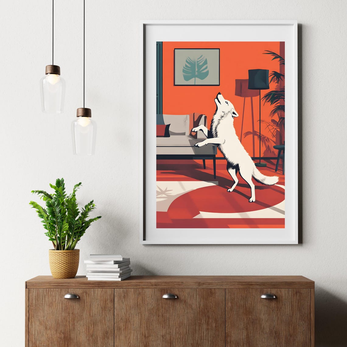 Playful White Wolf Howling Retro Living Room Mid Century Art Poster - Image 8