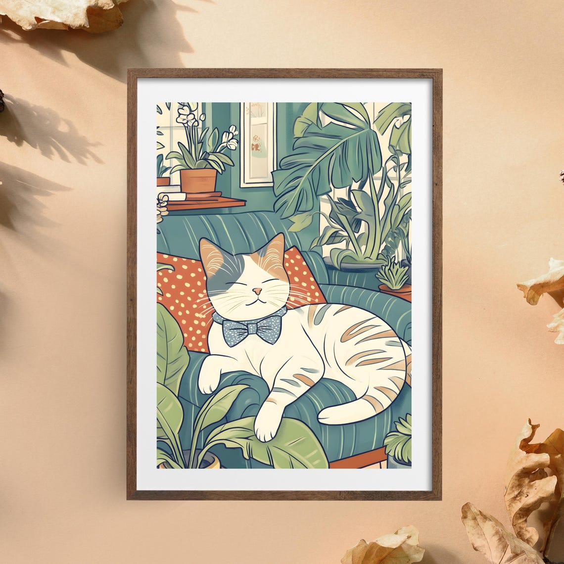 Cat In A Bow Tie Lounging On A Couch Surrounded By Houseplants Poster - Image 2