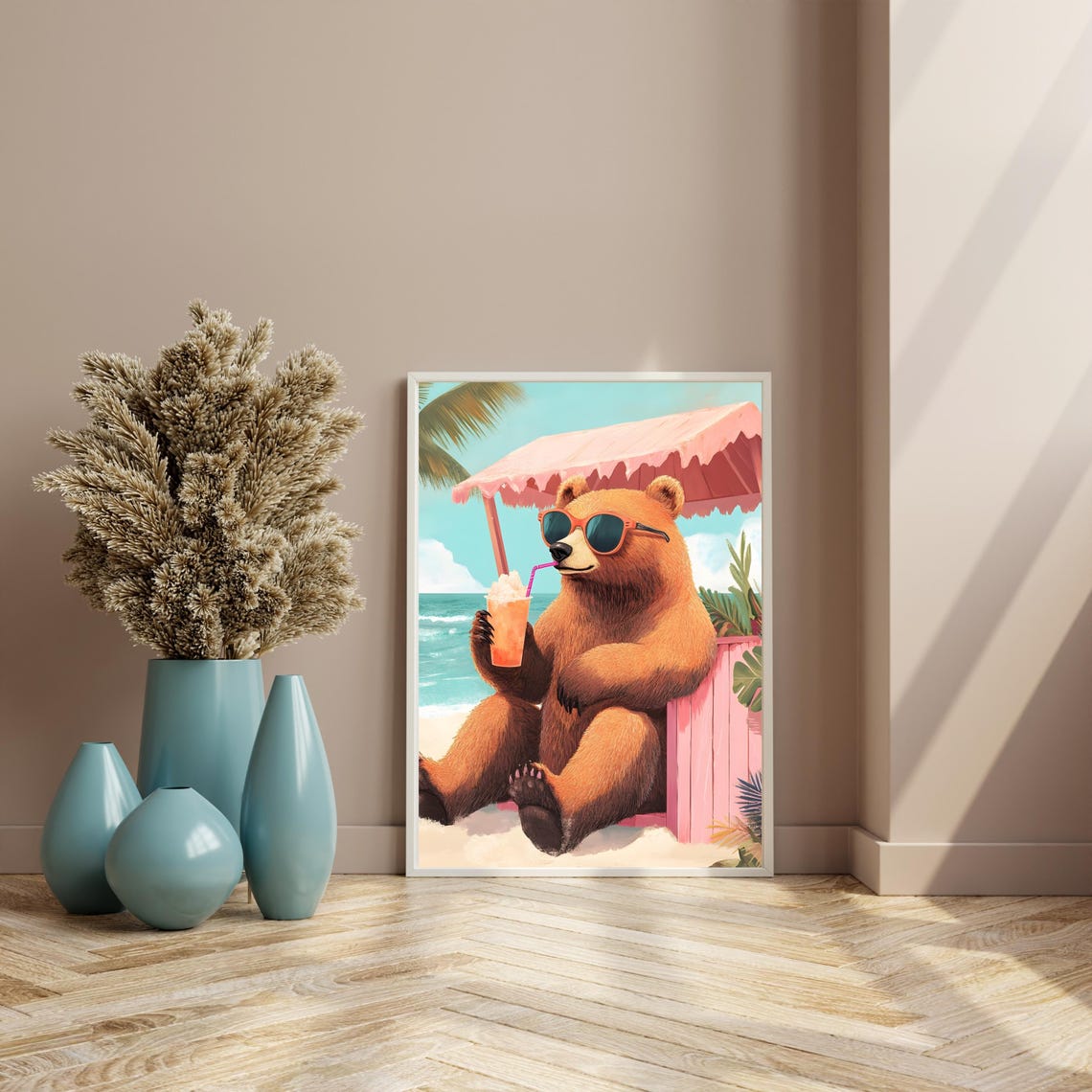 Brown Bear in Red Sunglasses Sipping Drink at Pink Beach Cabana Poster - Image 4