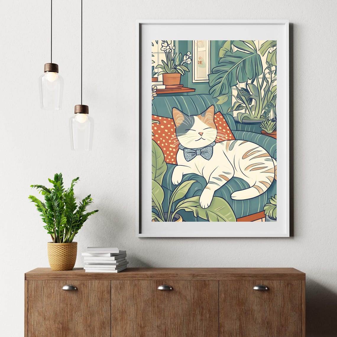 Cat In A Bow Tie Lounging On A Couch Surrounded By Houseplants Poster - Image 3