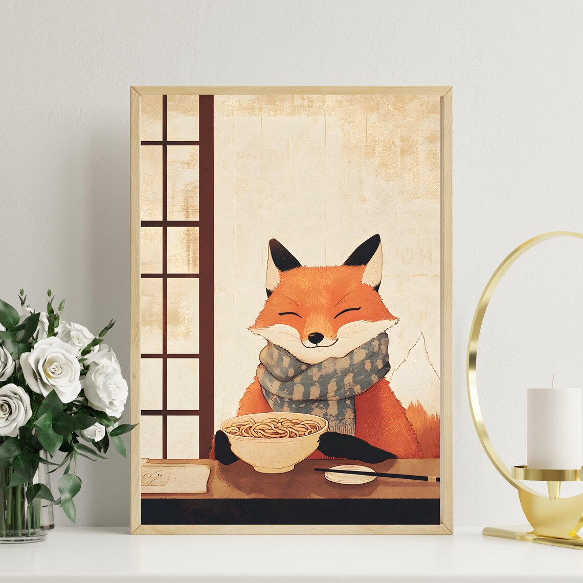 Happy Red Fox in a Patterned Scarf Savoring a Steaming Noodle Bowl Poster - Image 2