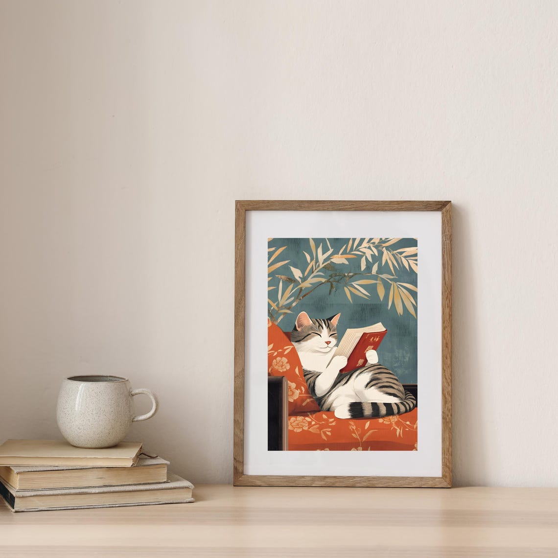 Cat Reading Book Japanese Style Cozy Tabby Animal Nursery Art Poster - Image 7