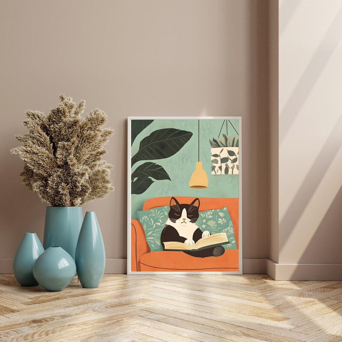 Cat Reading Book on Orange Couch Cozy Home Animal Nursery Art Poster - Image 8