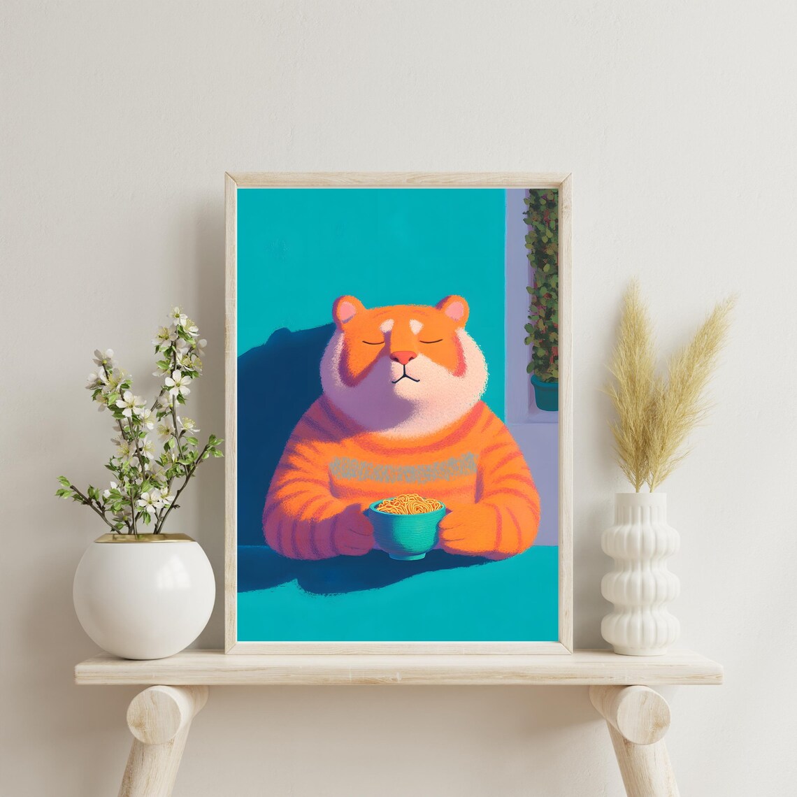 Cozy Orange Tiger in Knit Sweater Holding Bowl of Noodles Poster - Image 2