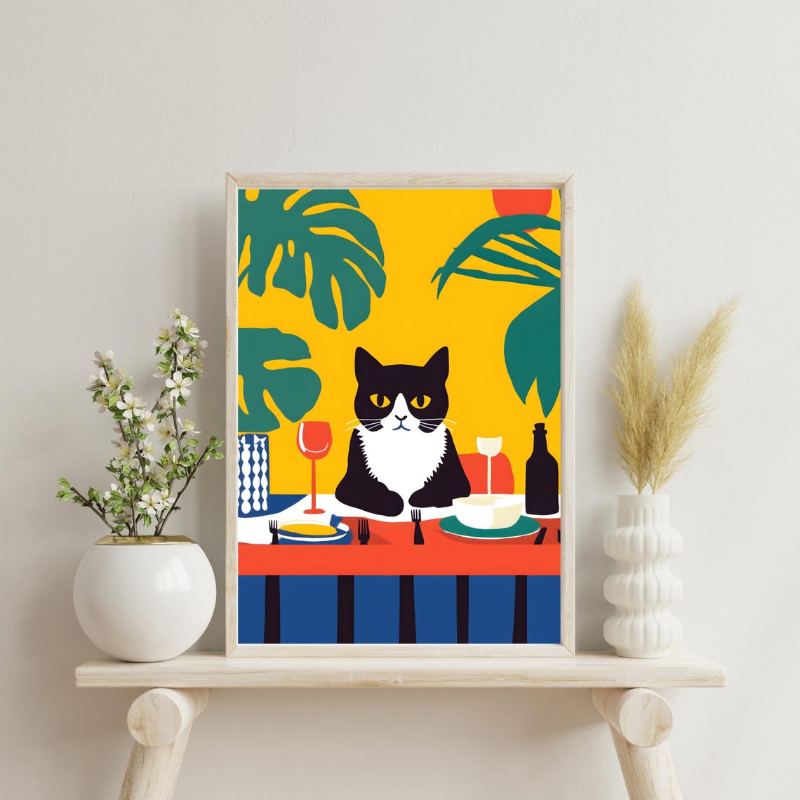 Black and White Cat at a Vibrant Tropical Dinner Party Table Poster - Image 4