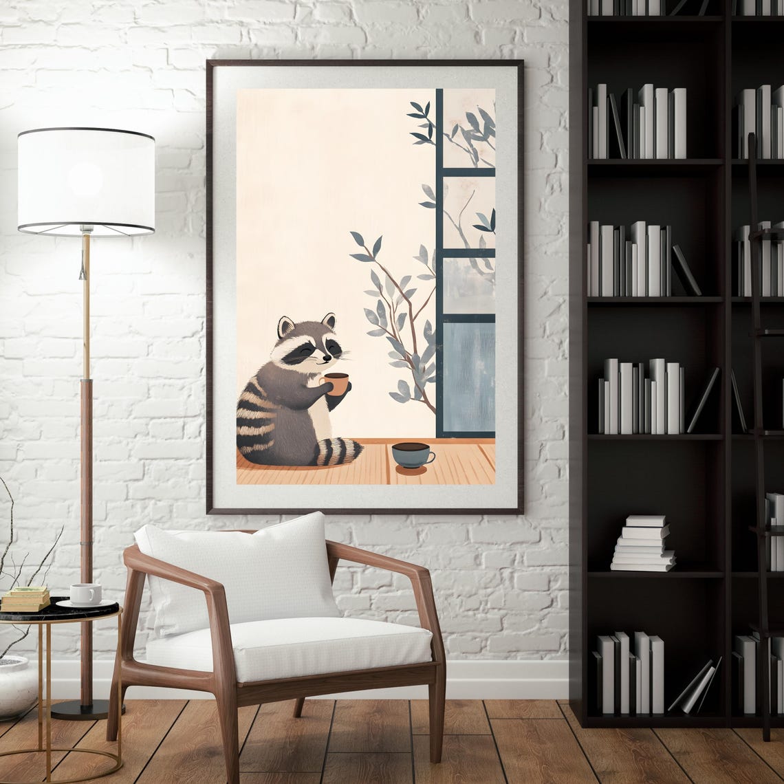 Cozy Raccoon Tea Time Window Japanese Nature Minimalist Art Poster - Image 3