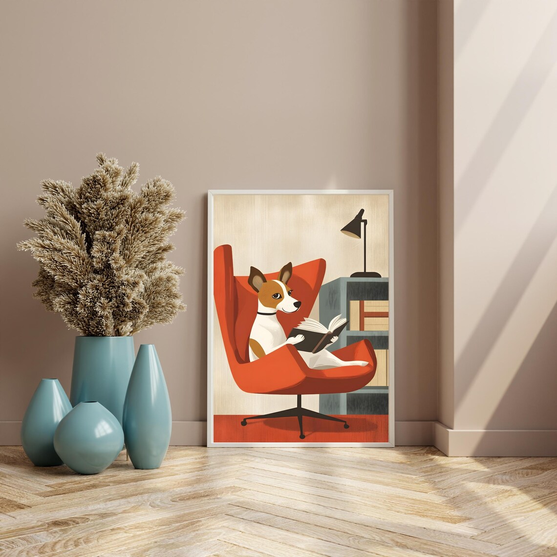Jack Russell Dog Reading A Book In A Red Armchair Mid Century Poster - Image 8