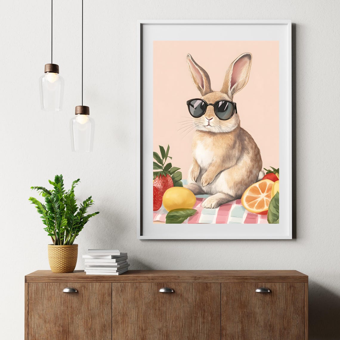 Cool Tan Rabbit in Sunglasses on Summer Fruit Picnic Blanket Poster - Image 2